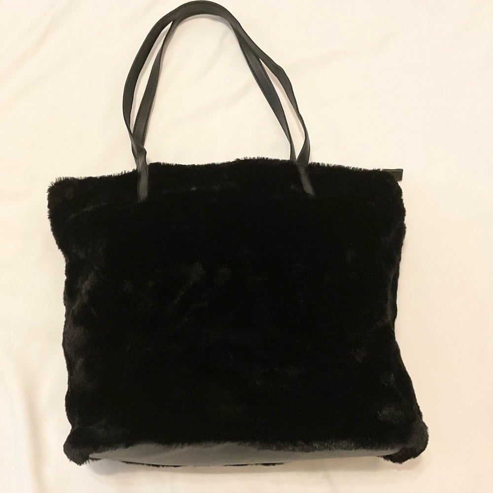 Ashley Stewart Black Fluffy Furry Statement Tote Bag… Brand New w/o tag